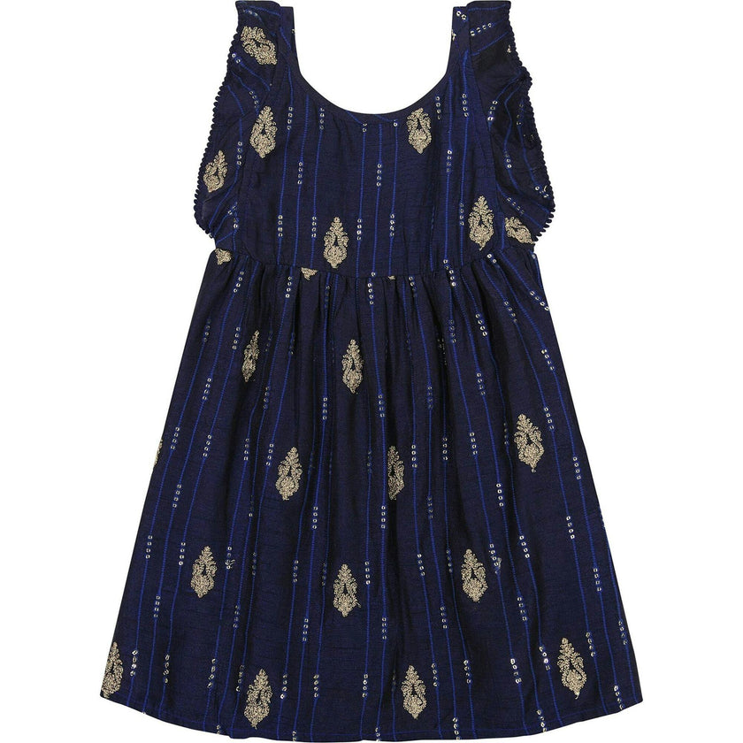 Luxe Daphne Silk Dupioni Flutter Sleeve Dress, Navy