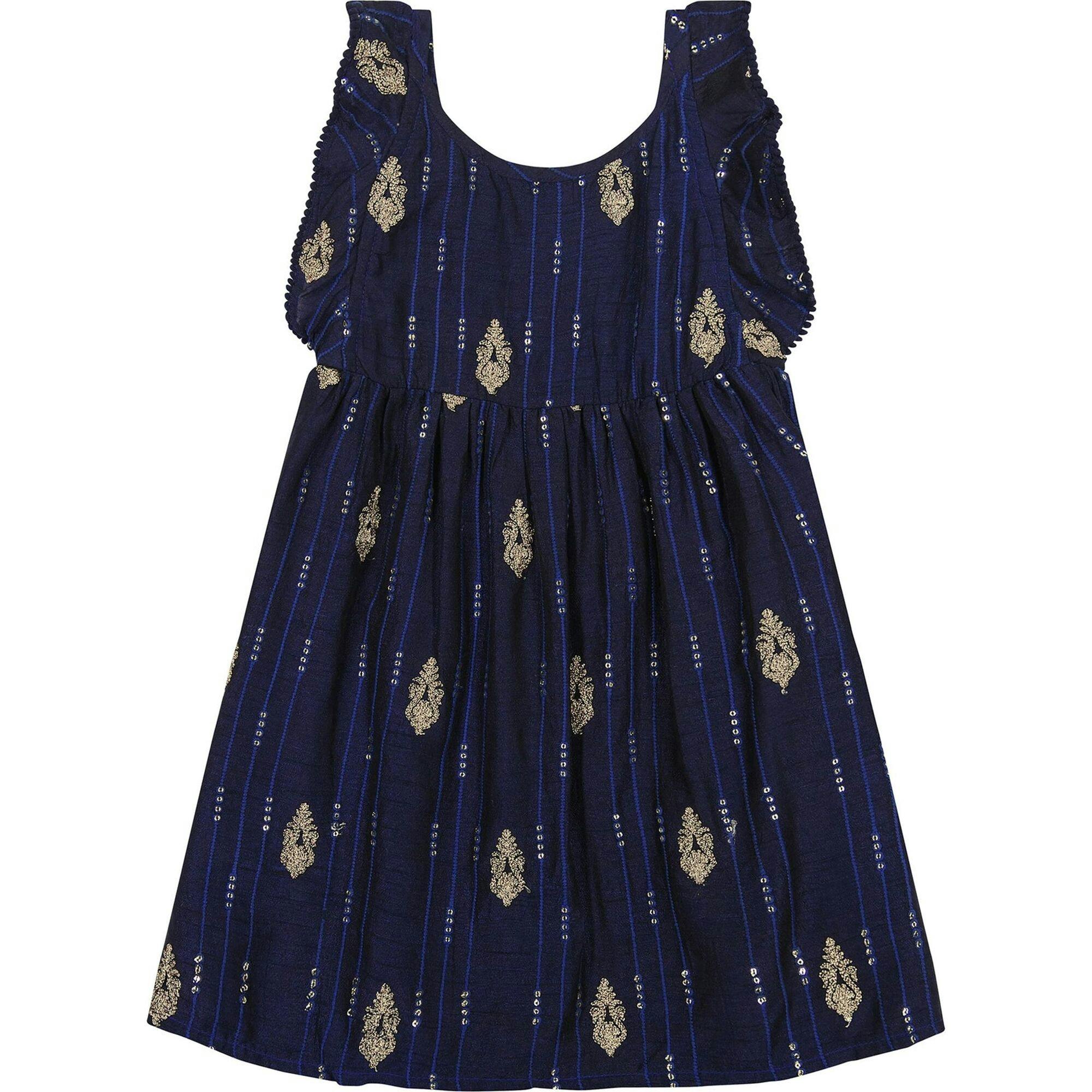 Luxe Daphne Silk Dupioni Flutter Sleeve Dress, Navy