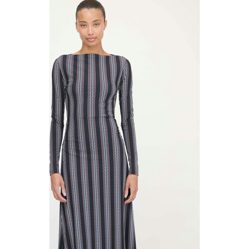 The Selene Dress - Black Cobalt Medallion Stripe
