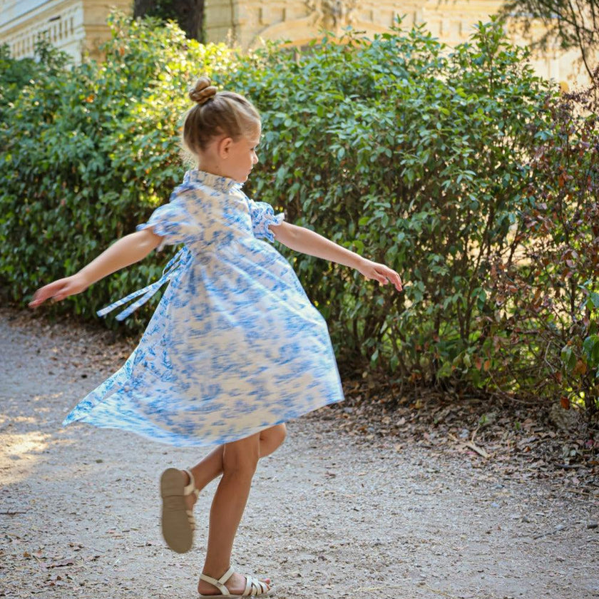 Aoki Blue Toile Dress | Short Sleeve