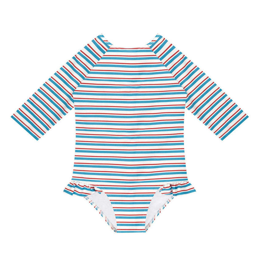 girls jetty stripe quarter sleeve rashguard one piece