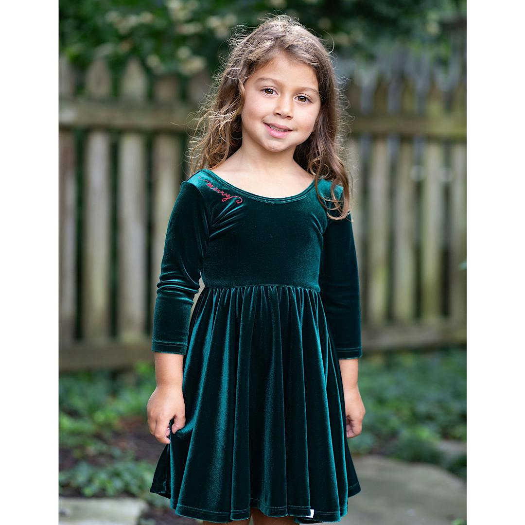 Holiday Twirly Dress in Emerald Velvet