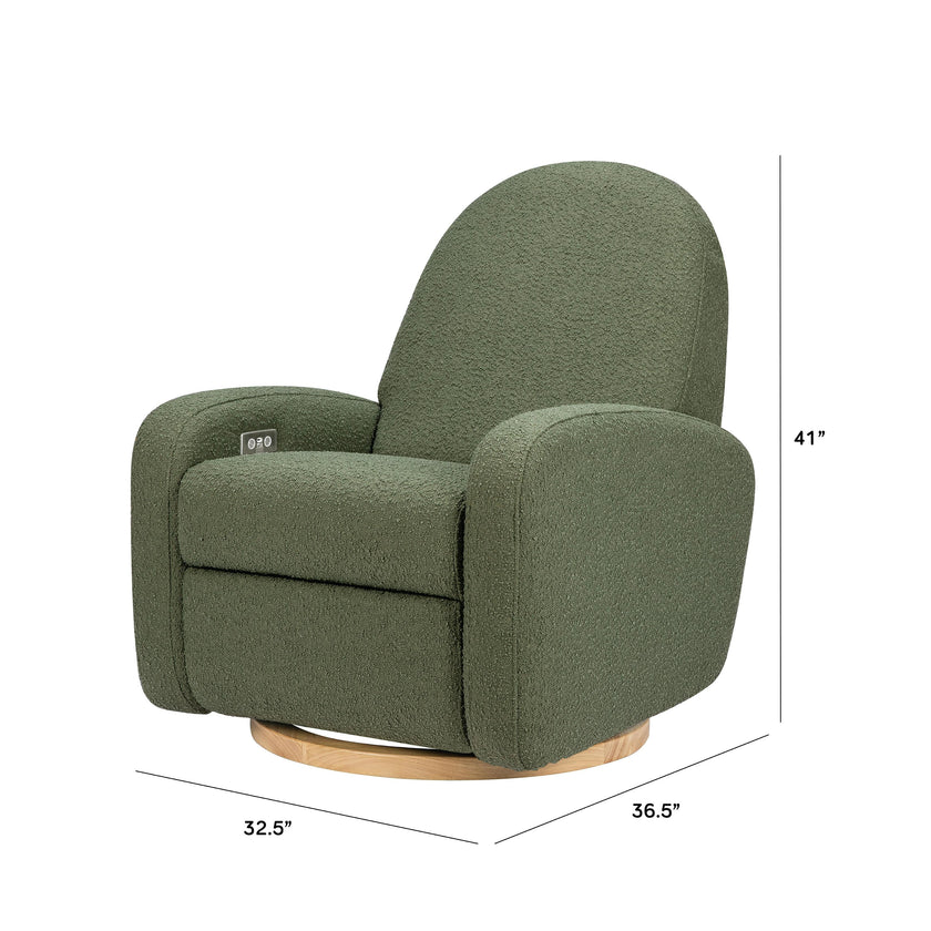 Nami Electronic Recliner & Swivel Glider Recliner With Usb Port in Olive Boucle with Light Wood Base