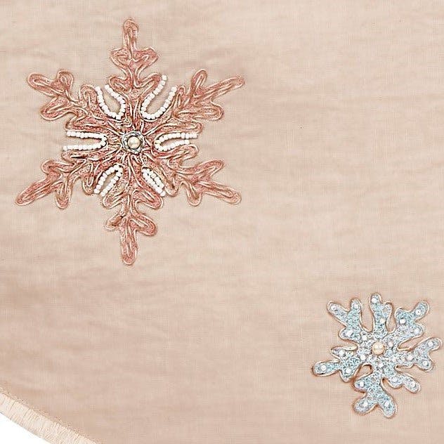 Handmade Pastel Snowflakes Linen Christmas Tree Skirt Natural 60"