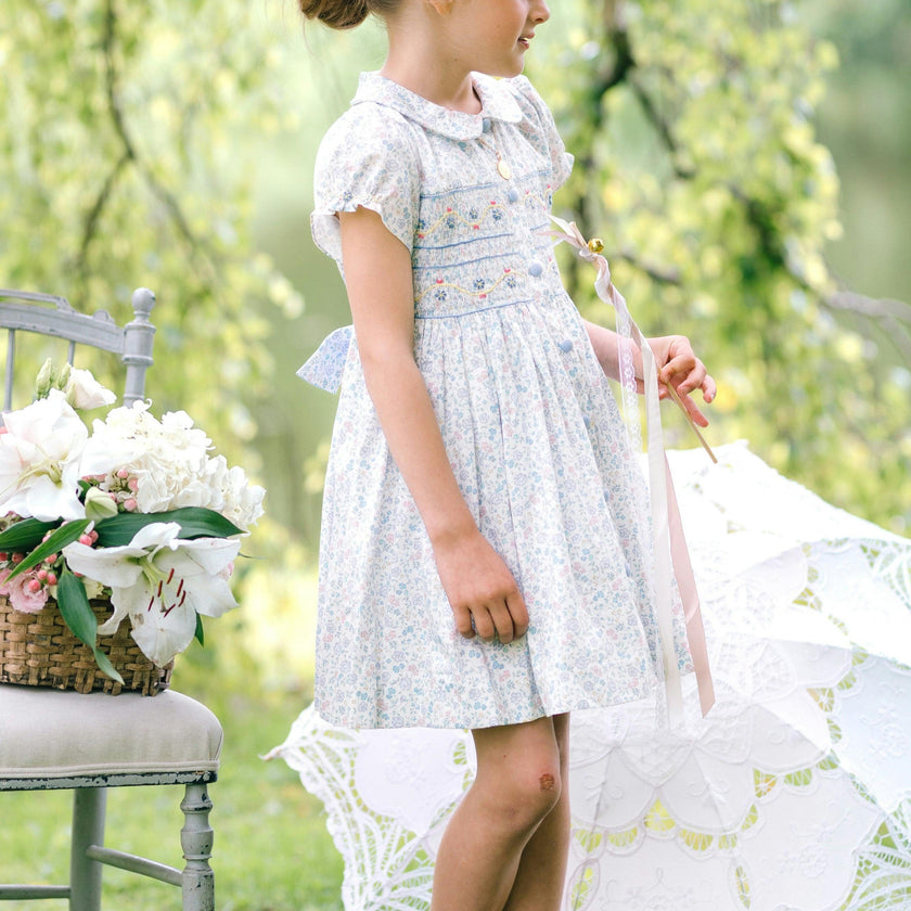 Violette Floral Blue Short Puff Smocked Dress
