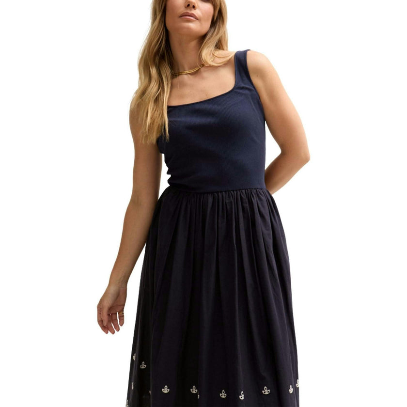 Cora Sleeveless Jersey Bodice Embroidered Midi Dress