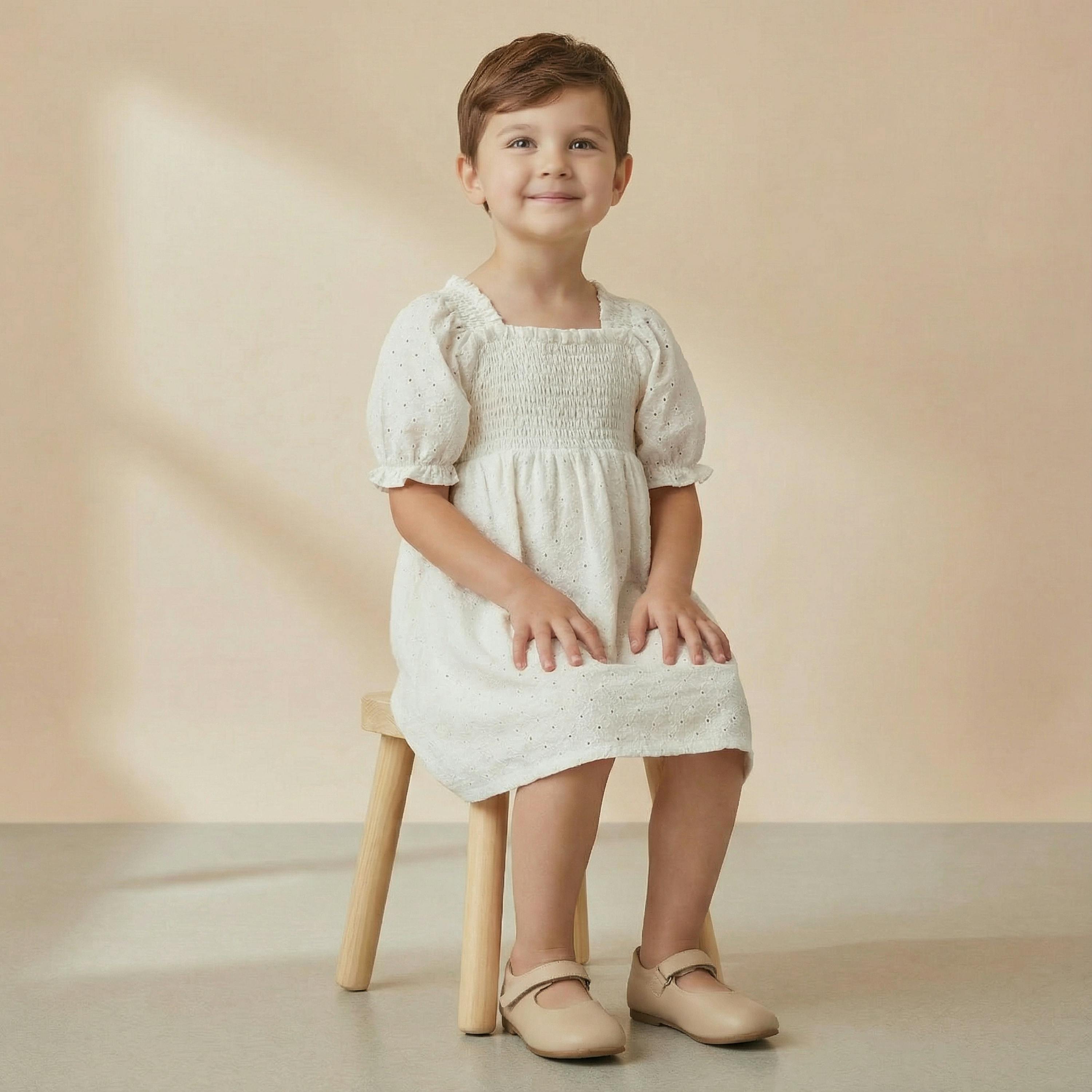 Organic Eyelet Bubble Sleeve Dress - Ivory Eyelet