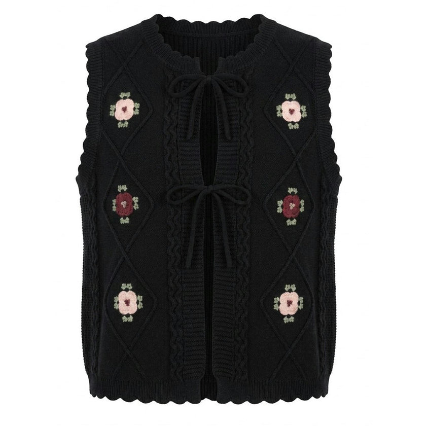 Knit Vest With Flowers Embroidery