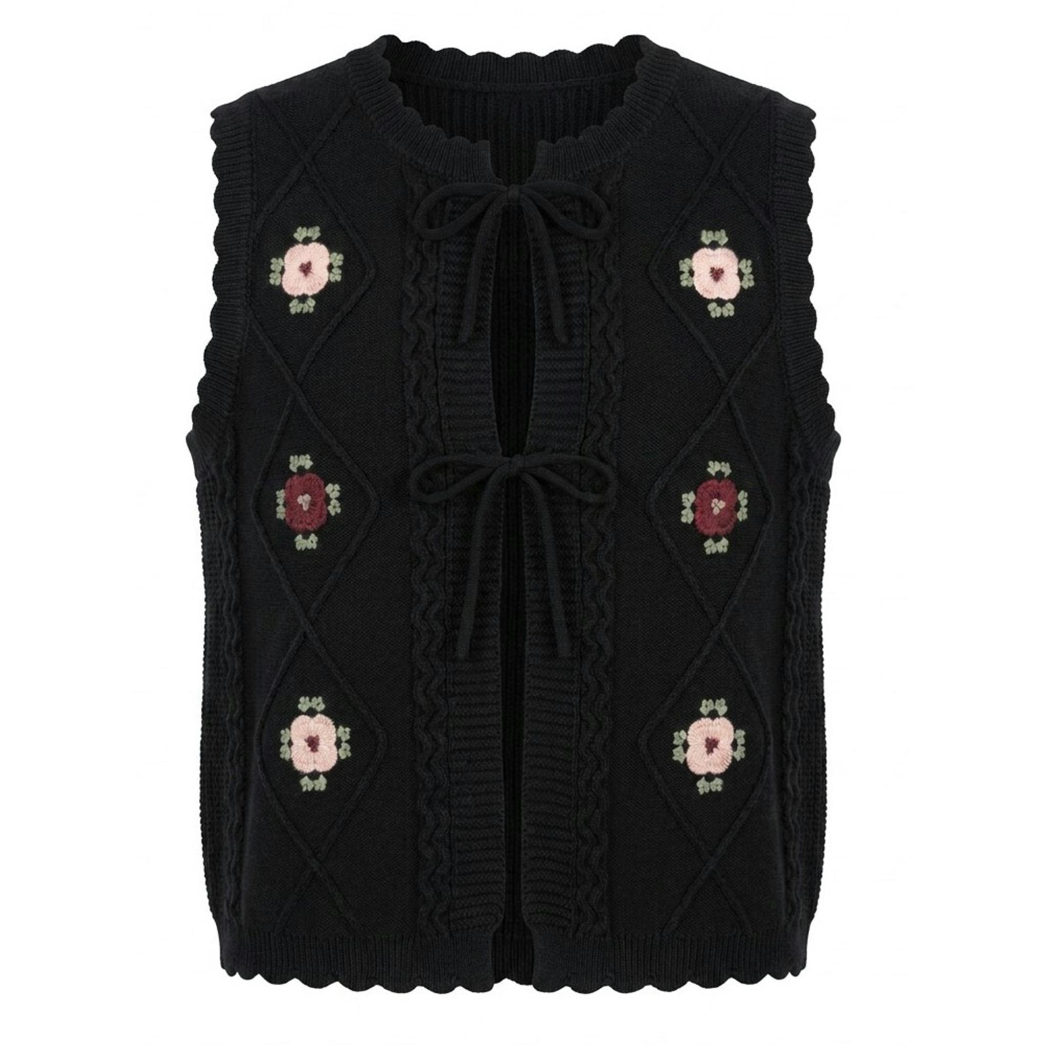 Knit Vest With Flowers Embroidery