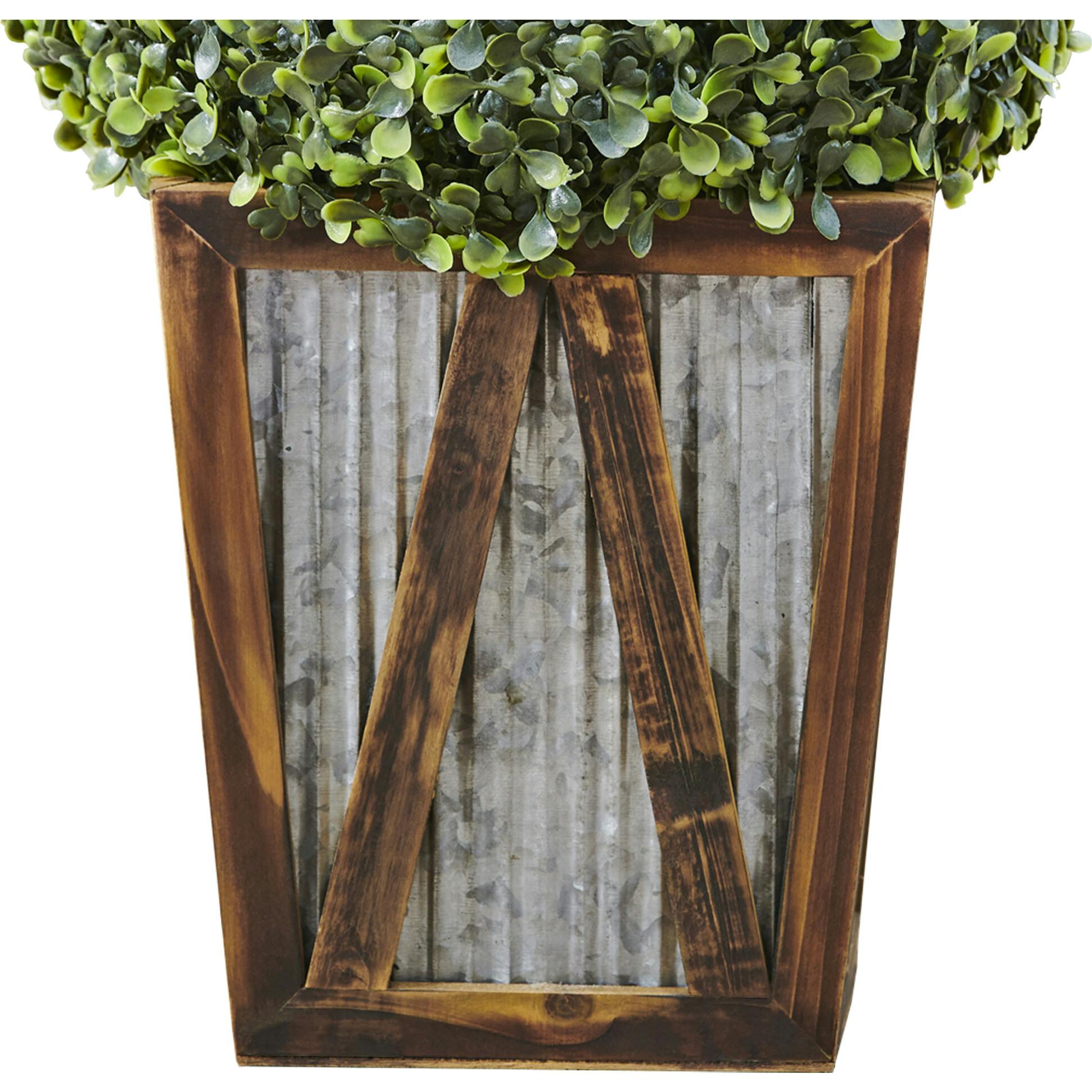 Rounded Artificial Topiary Shrub Pre-Lit With Solar Powered LED Lights In Farmhouse Style Garden Box Planter For Indoor Or Outdoor Use