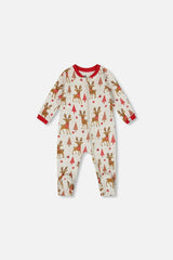 One-Piece Organic Cotton Pajama Beige Girly Reindeer Print