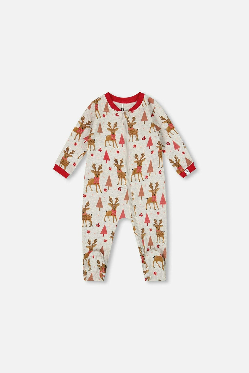 One-Piece Organic Cotton Pajama Beige Girly Reindeer Print