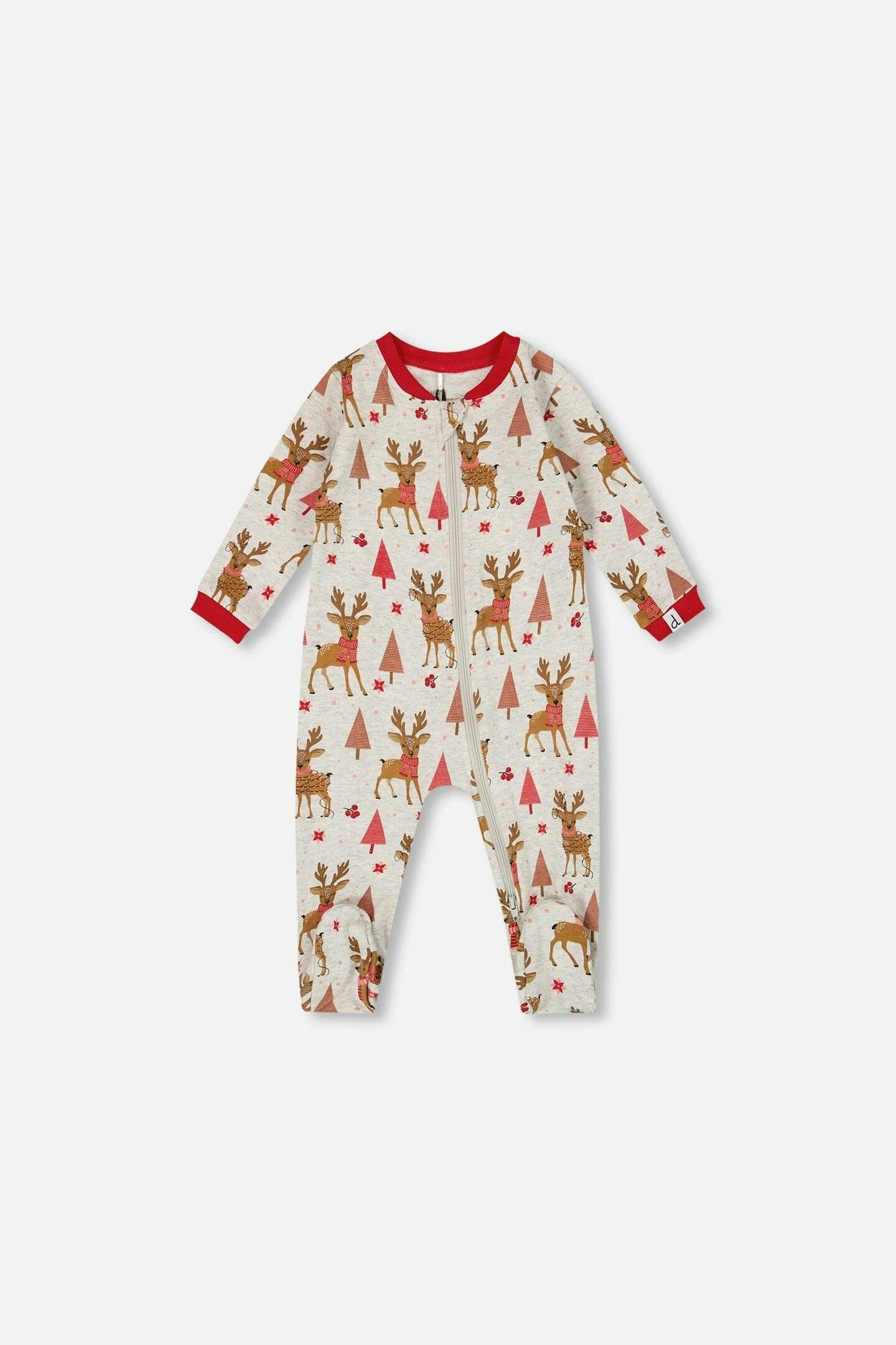 One-Piece Organic Cotton Pajama Beige Girly Reindeer Print