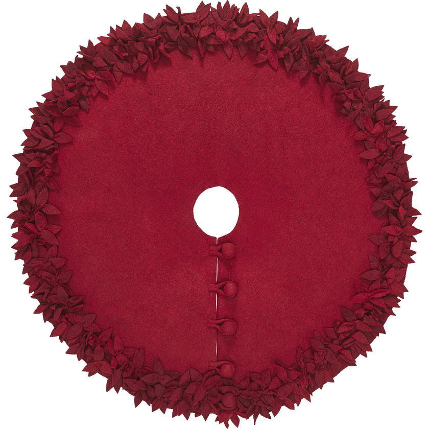 Hand Felted Wool Overlapping Flowers Border Maroon Christmas Tree Skirt 64"/72"