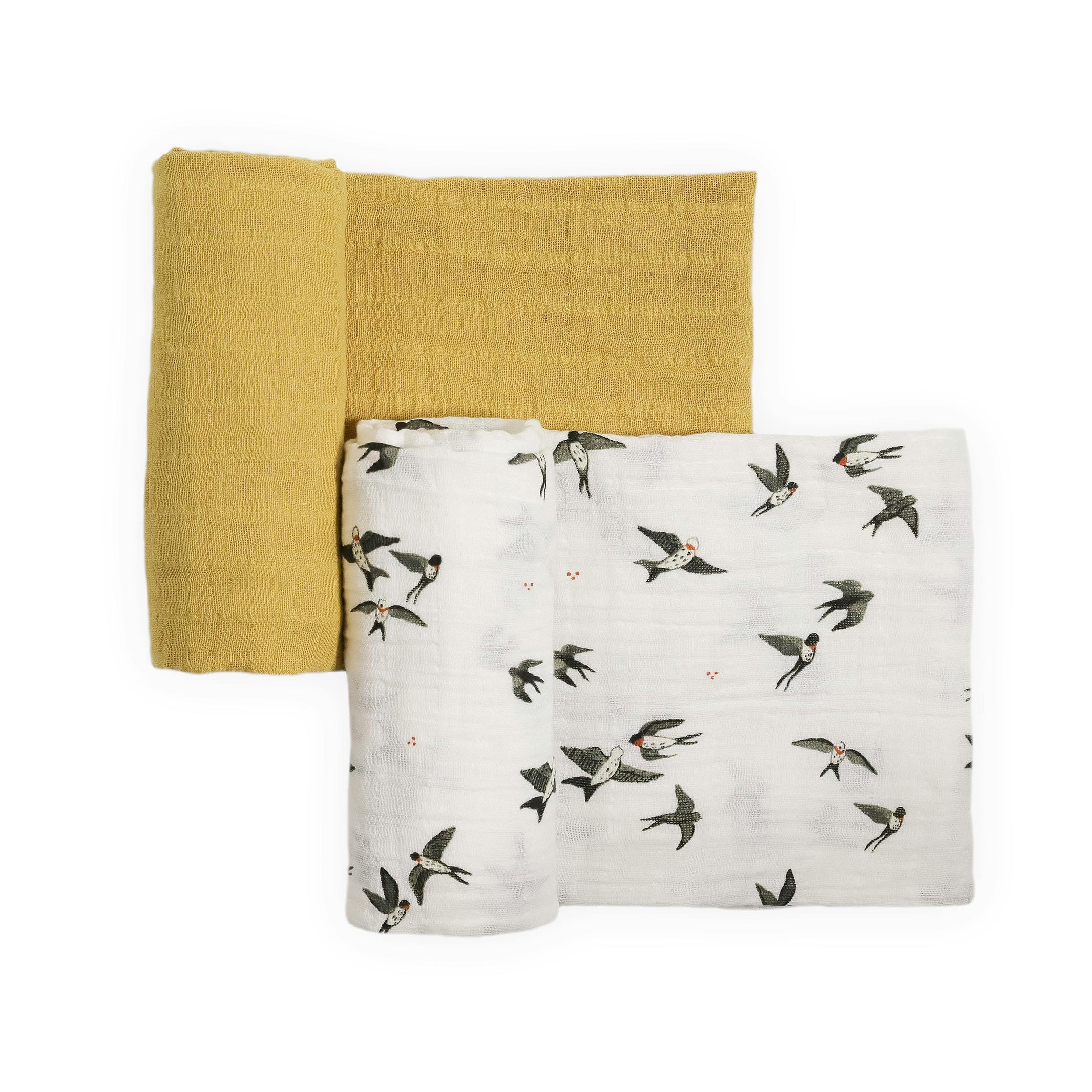 Organic Cotton Muslin Swaddle Blanket 2 Pack - Swallows