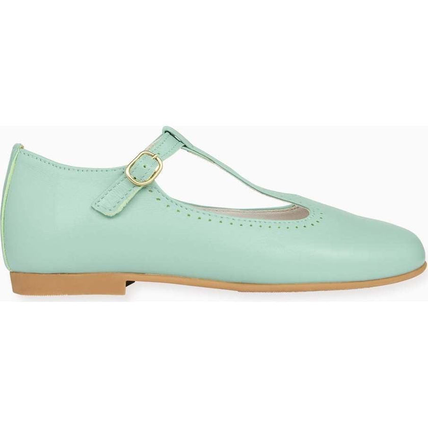 Pale Green Leather Girl T-Bar Shoes