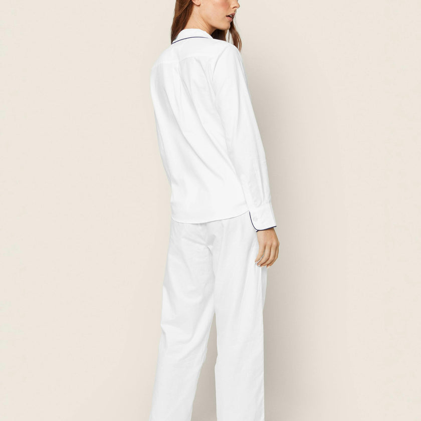 Women's Twill Pajama Set in White with Navy Piping