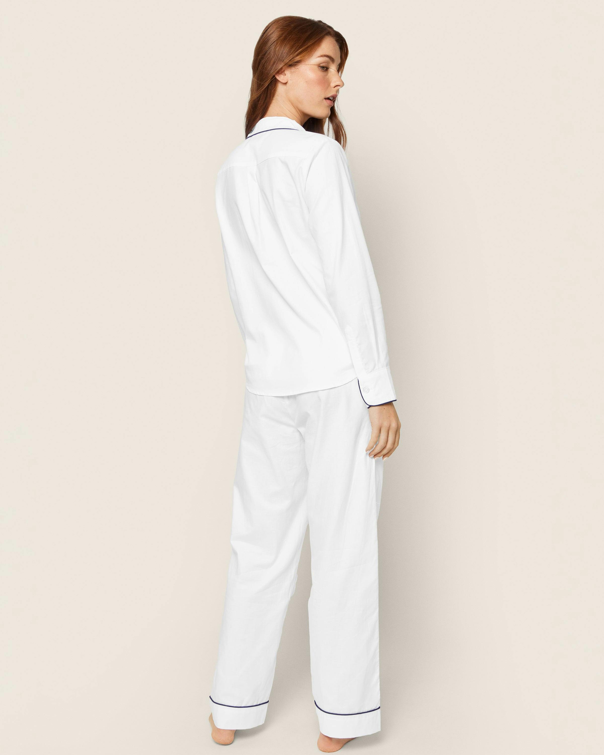 Women's Twill Pajama Set in White with Navy Piping
