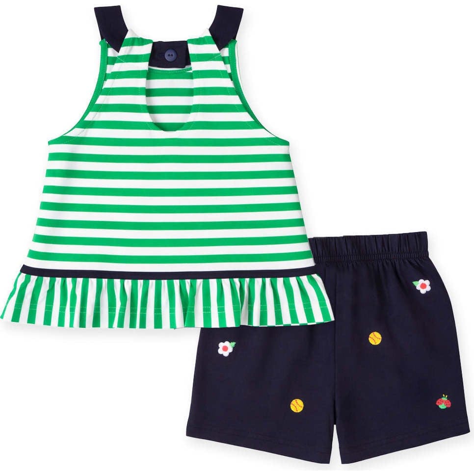 Knit Short Set With Softballs, Flowers, Ladybug