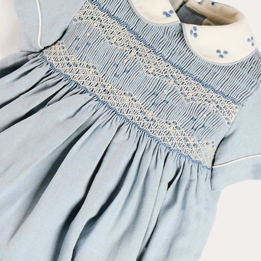 Hand Smocked Peter Pan Collar Short Sleeve Romper in Sky Blue (3mths-2yrs)