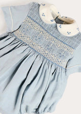 Hand Smocked Peter Pan Collar Short Sleeve Romper in Sky Blue (3mths-2yrs)