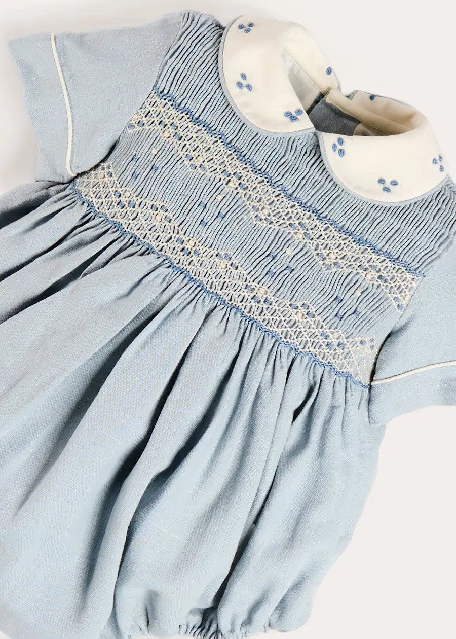 Hand Smocked Peter Pan Collar Short Sleeve Romper in Sky Blue (3mths-2yrs)