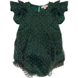 Baby Hattie Romper in Green Flocked Dot Tulle