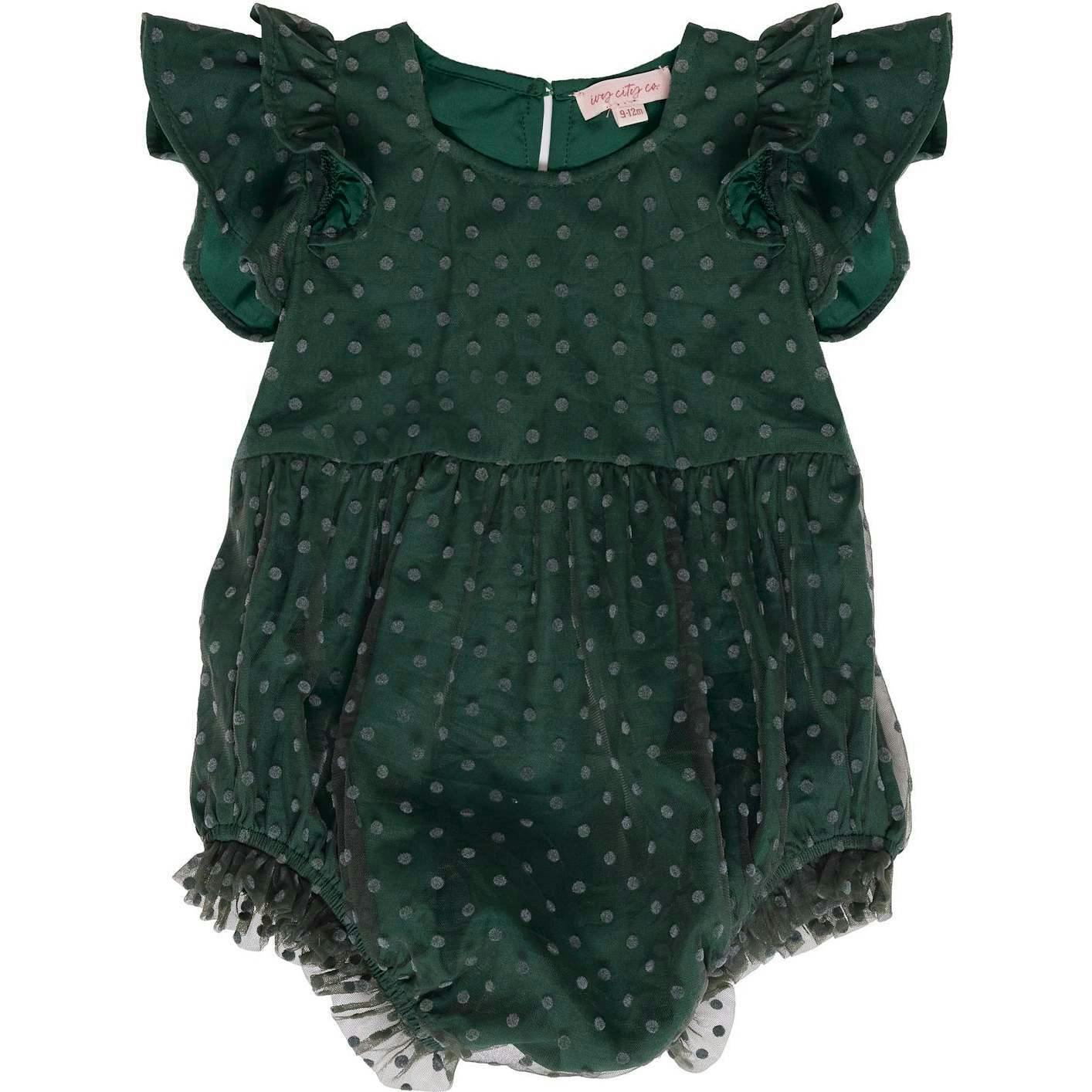 Baby Hattie Romper in Green Flocked Dot Tulle