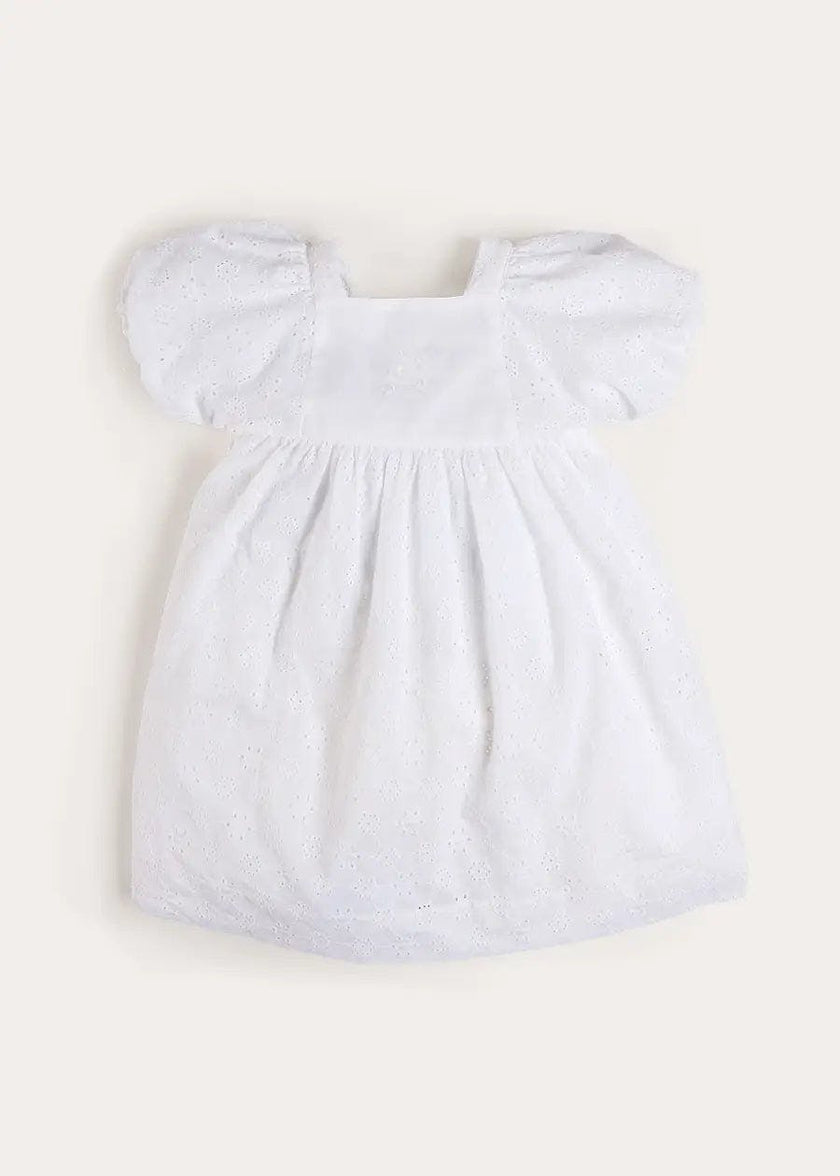 Flower Embroidered Broderie Anglaise Short Sleeve Dress in White (12mths-12yrs)
