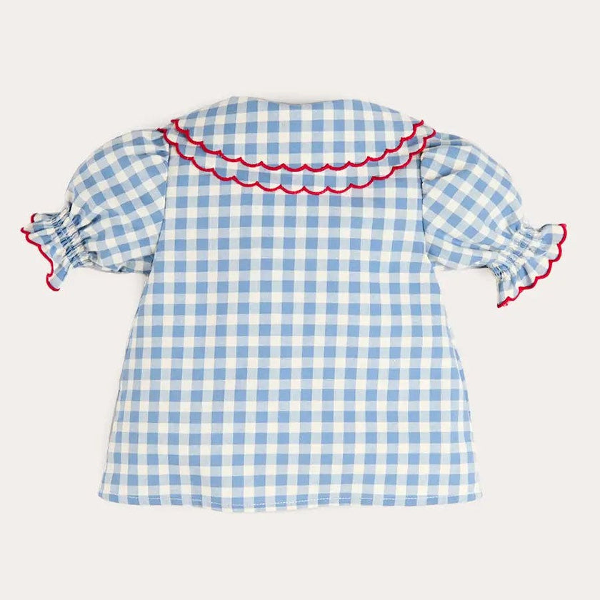 Darby Gingham Scallop Layered Collar Short Sleeve Blouse in Blue (18mths-12yrs)