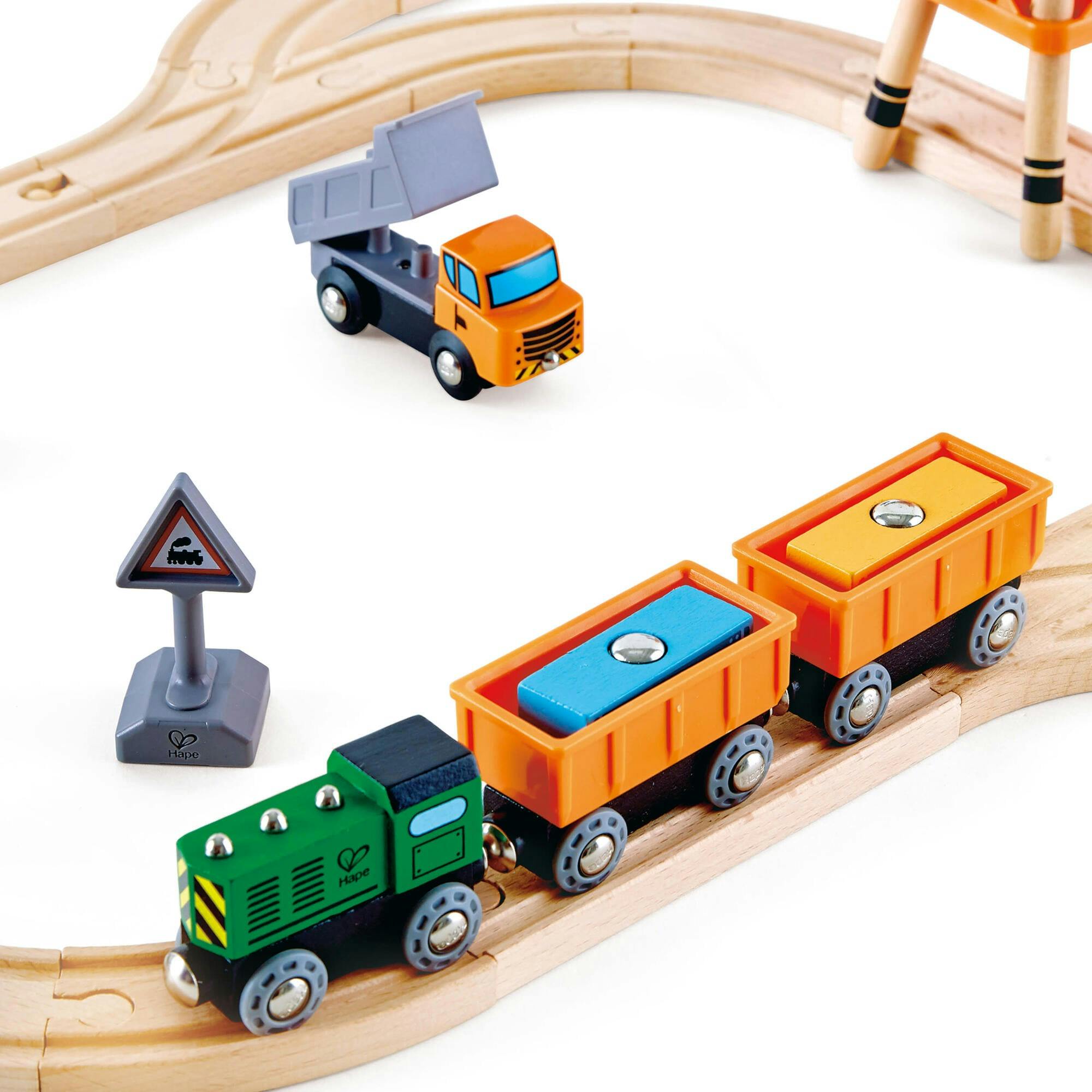 Hape: Crossing & Set - 32pc Wooden Train Cargo Railroad Yard