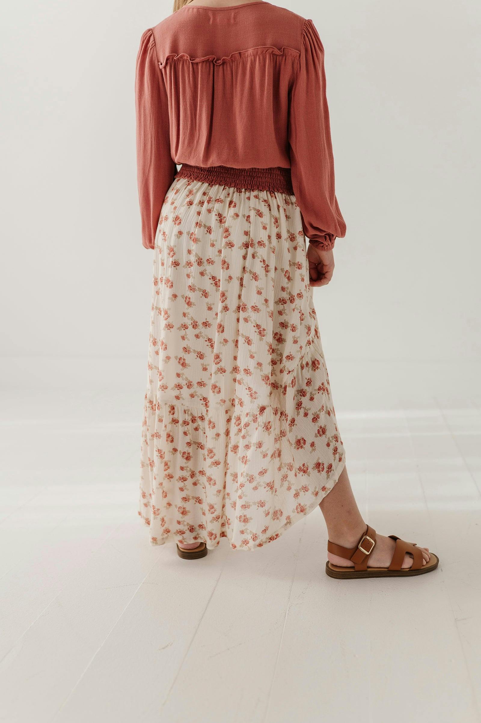 Girls Slit Front Midi Skirt in Rosie Floral