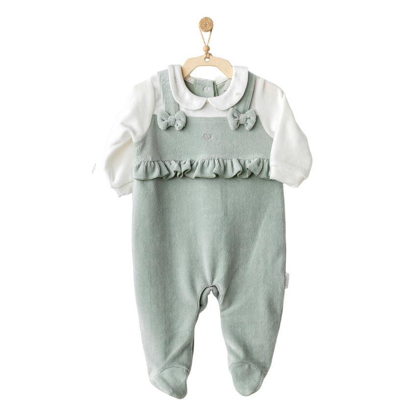 Green Bow Ruffle Velvet Babygrow