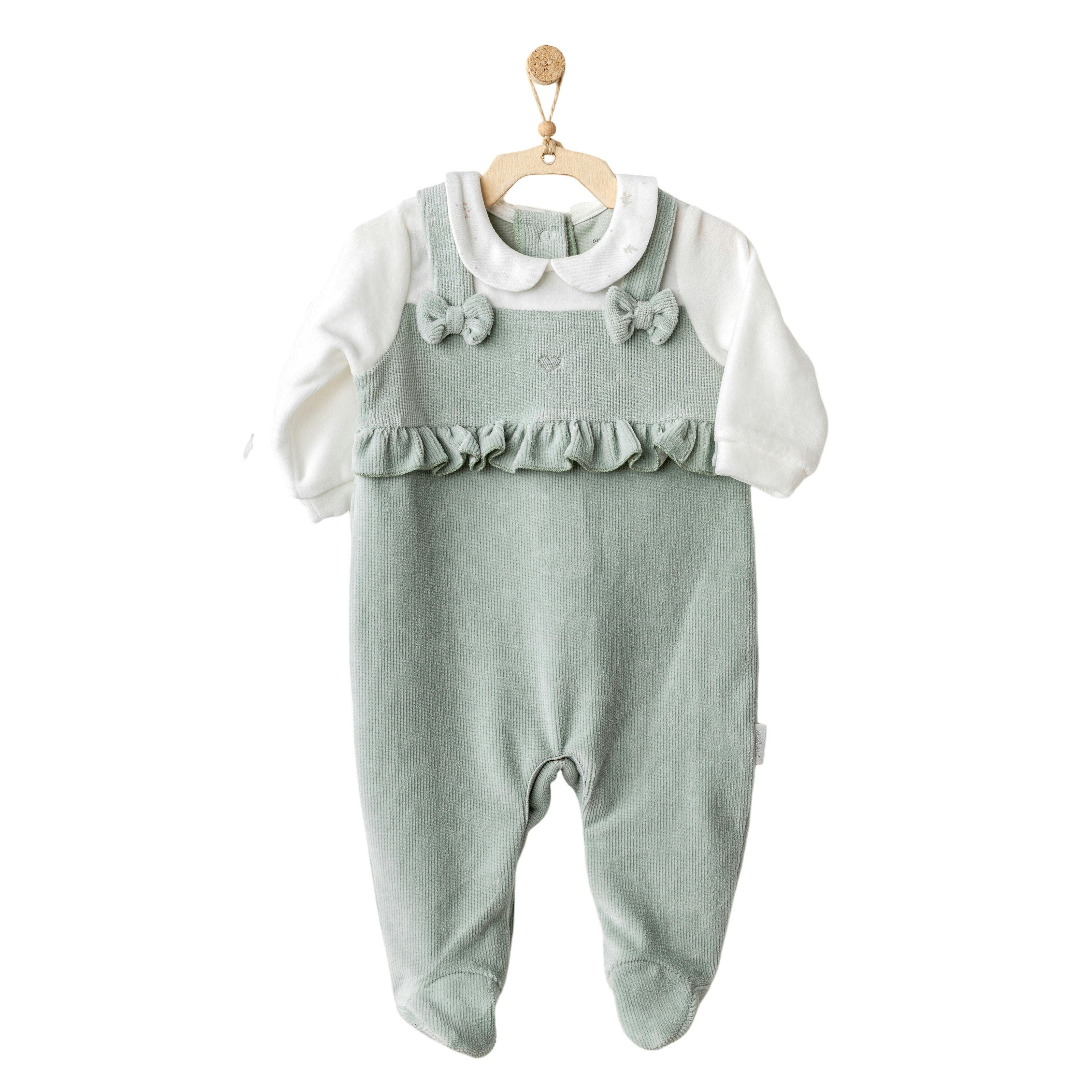 Green Bow Ruffle Velvet Babygrow