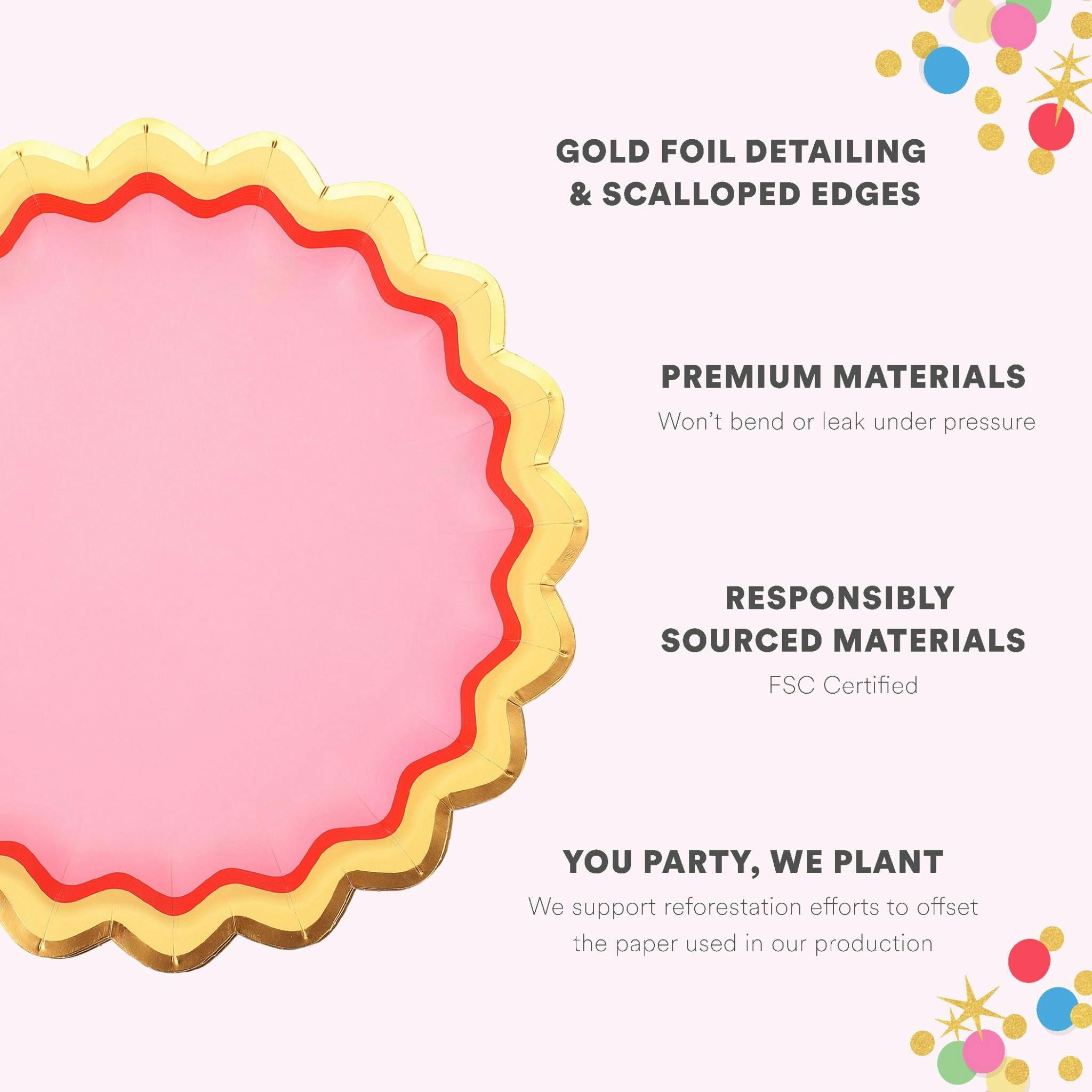 Packed Party Rainbow Ric Rac 10ct Paper Dessert Plates | Gold Foil Scalloped 5-Color Mix Party Plates | 8 Inch Birthday Plates