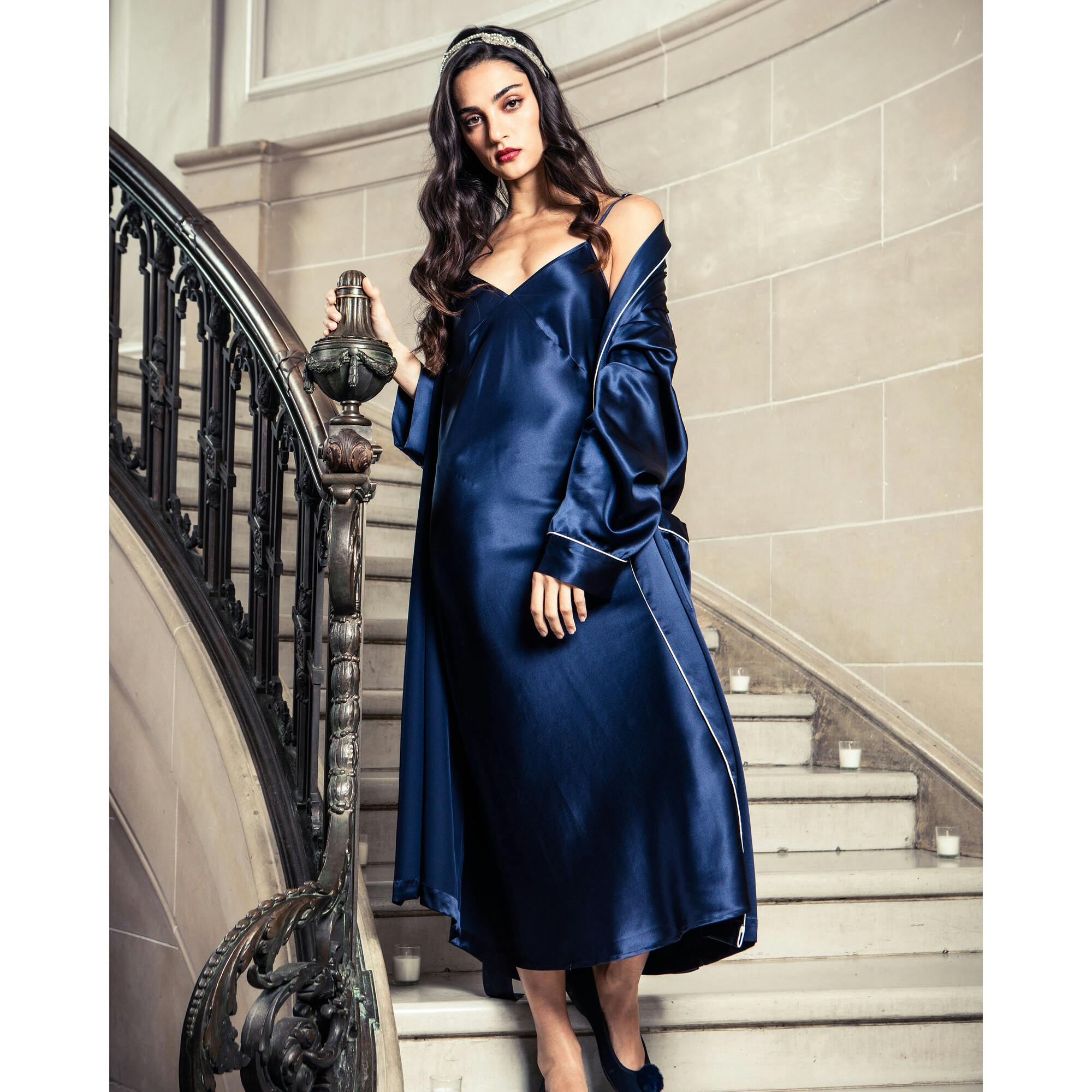 Women's Silk Long Robe in Navy