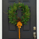 Evergreen Forest Mixed Greens & Pine Cone Holiday Winter Front Door Crest Christmas Wreath with Gold Velvet Bow