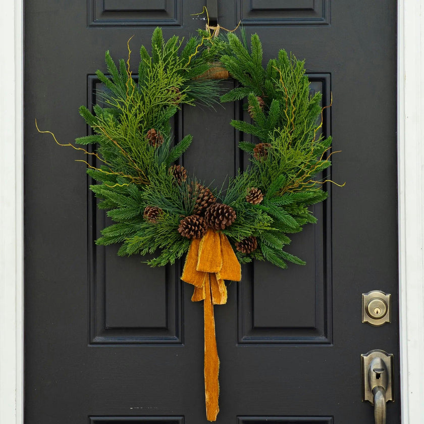 Evergreen Forest Mixed Greens & Pine Cone Holiday Winter Front Door Crest Christmas Wreath with Gold Velvet Bow
