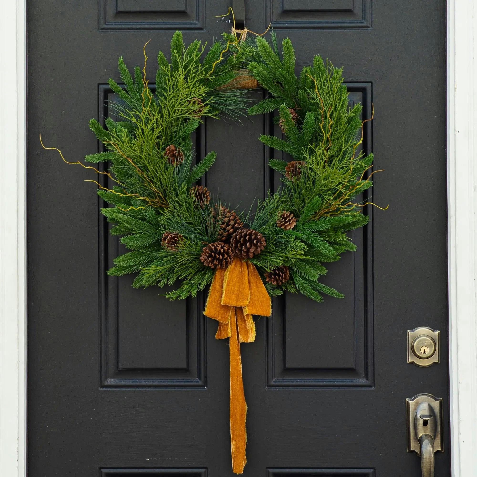 Evergreen Forest Mixed Greens & Pine Cone Holiday Winter Front Door Crest Christmas Wreath with Gold Velvet Bow
