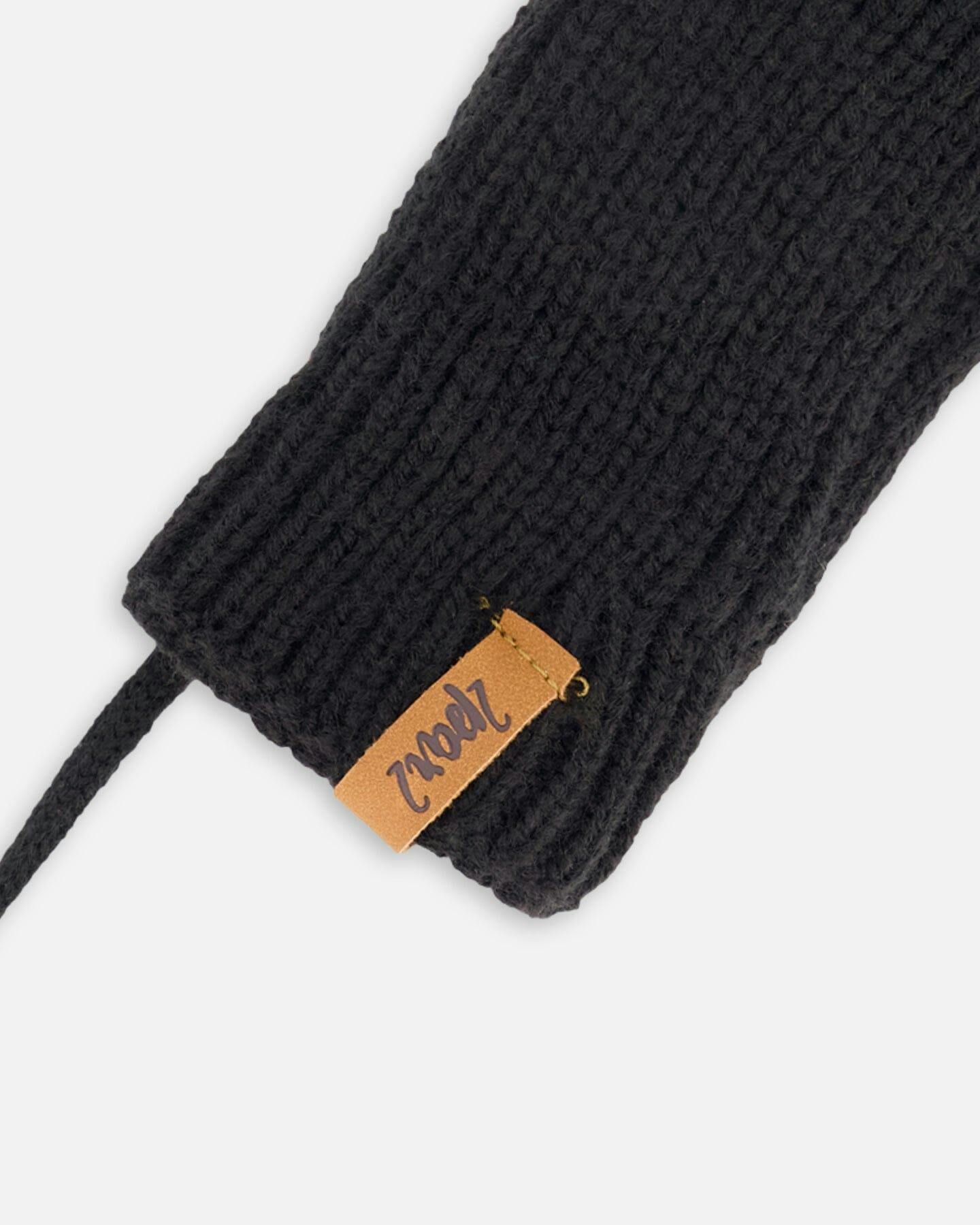 Baby Knit Mittens With String Black