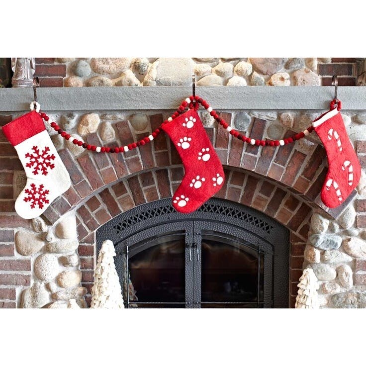 Hand Felted Wool Christmas Stocking Red Snowflakes Cream