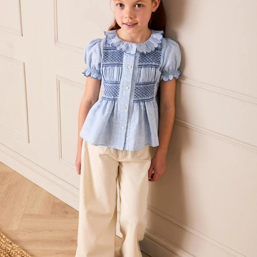 Smocked Peplum Scallop Collar Blouse in Blue (2-12yrs)
