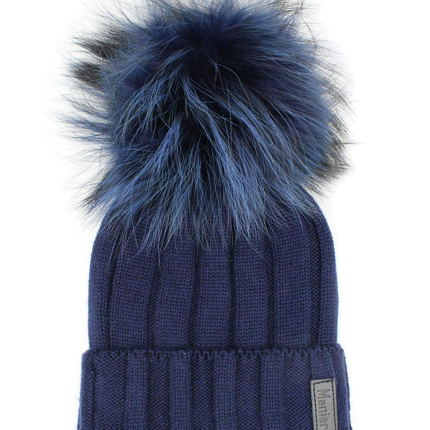 Ribbed Merino Wool Faux Fur Pom Pom Hat