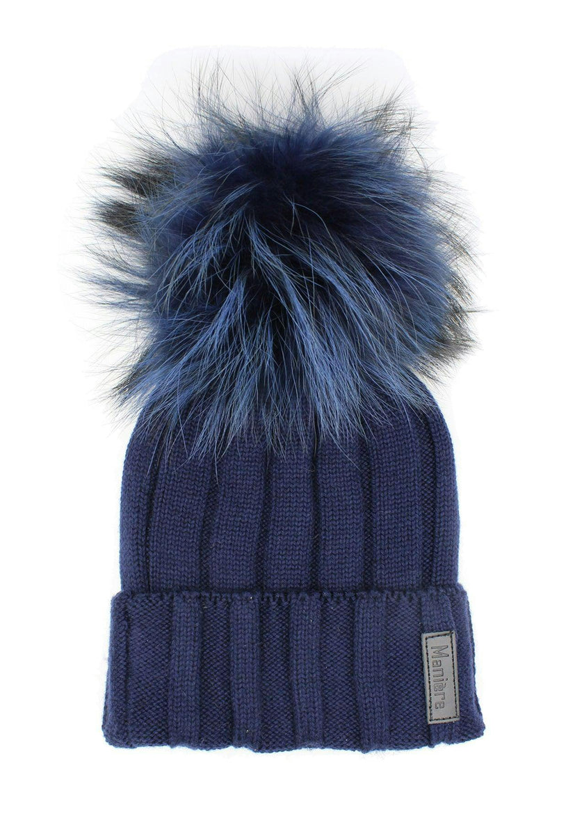 Ribbed Merino Wool Faux Fur Pom Pom Hat