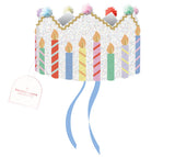 Packed Party Birthday Wishes Reusable Glitter Pom Pom Crown - Metallic Fabric Birthday Candle Crown with Multicolor Poms and Adjustable Satin Ties