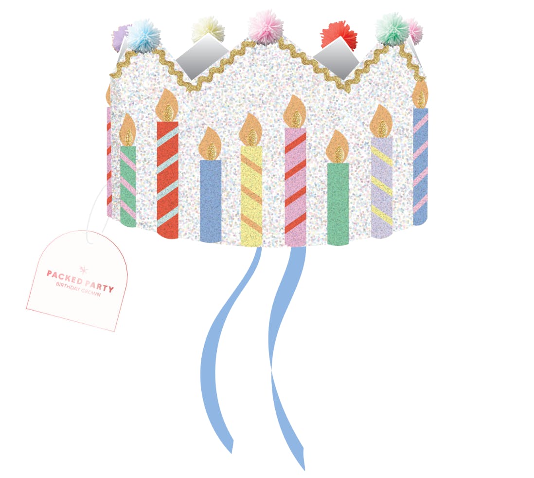 Packed Party Birthday Wishes Reusable Glitter Pom Pom Crown - Metallic Fabric Birthday Candle Crown with Multicolor Poms and Adjustable Satin Ties