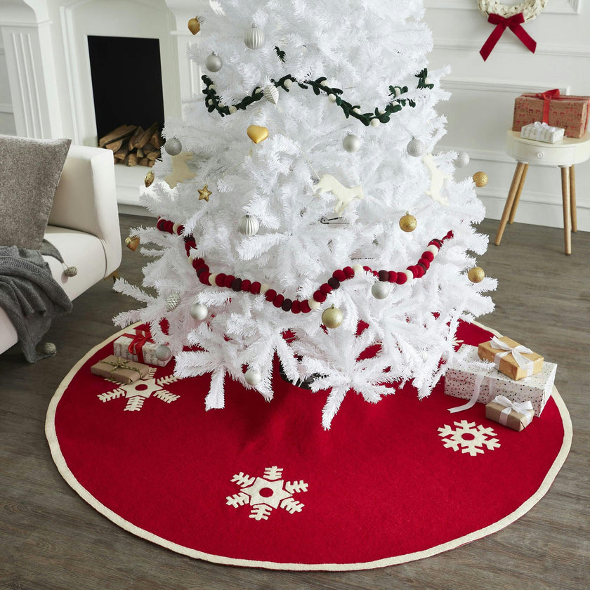 Handmade Snowflakes Red Christmas Tree Skirt Felt 60" / 72"