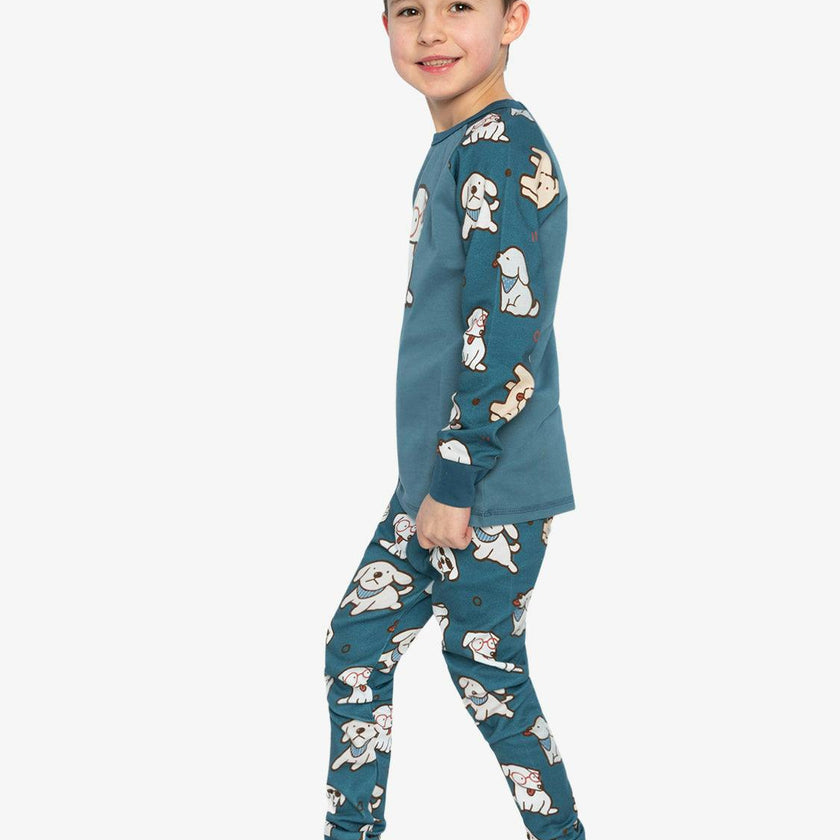 Organic Cotton Two Piece Pajama Set Turquoise Dog Print