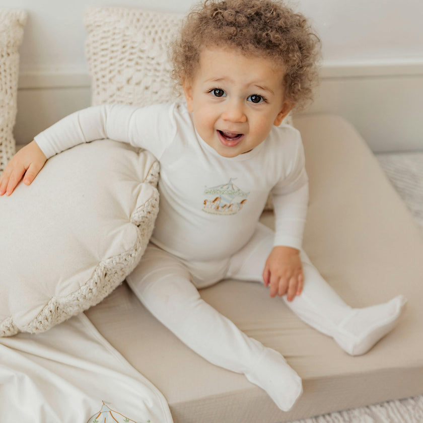 Carousel Print Onesie with Hat Off White