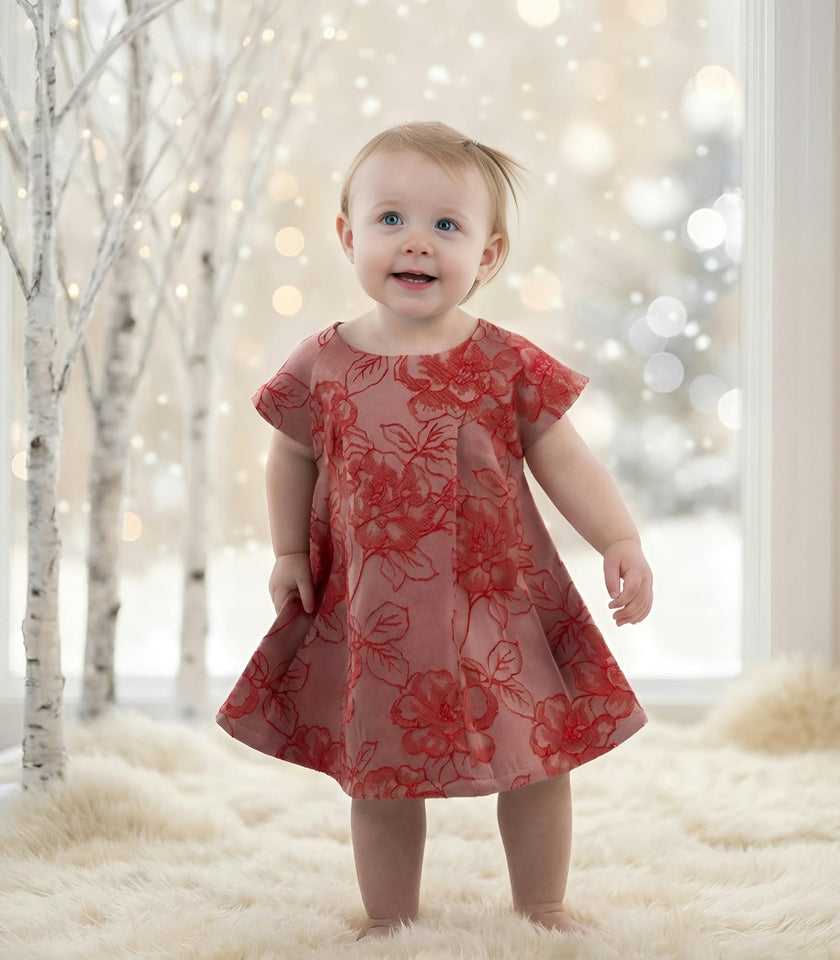 Rose Baby Dress, Red Flower Jacquard